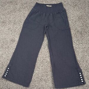 Grey 100% Cotton Wide-Leg Pant Button Detail at Hem